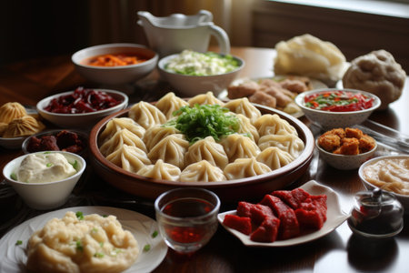 Asia's treasured culinary gem, manti is a hot meat dish that exemplifies the traditional cuisine of Asian peoples. Generative AI.の素材