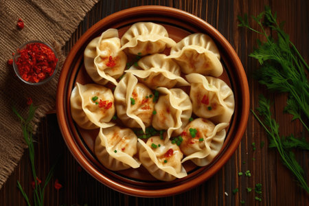 Manti, an esteemed Asian delicacy, represents the culinary heritage and collective identity of diverse Asian cultures. Generative AI.の素材