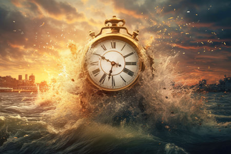 A clock swallowed by rising waters, serving as a stark representation of the challenges posed by sea-level rise and the increasingly limited window to find solutions. global warming. Generative AI.の素材