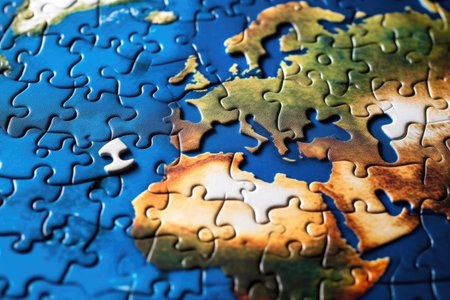 The crumbling puzzle of the Earth map. The concept of planetary climate change. Generative AI.の素材