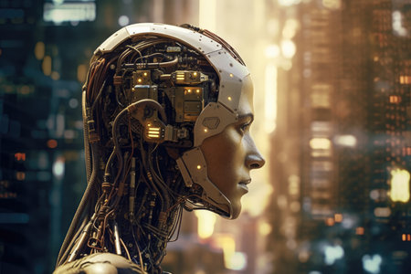 Conceptual depiction of the profile of a female robot with an android-like face, exploring artificial intelligence. Generative AI.の素材