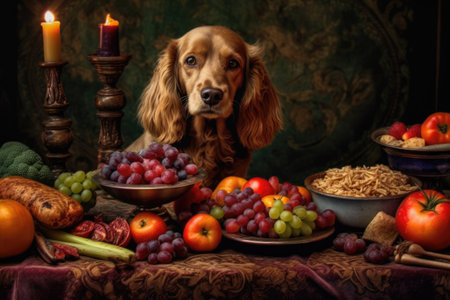 The holiday table scene featuring a seated dog, emphasizing the importance of optimal pet nutrition. Generative AIの素材