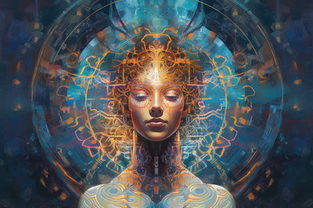 The representation of artificial intelligence in a portrait, featuring a female robot with an android-like face. Generative AI.の素材