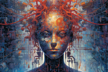 Visual representation of artificial intelligence through the portrait of a female robot with an android-like face. Generative AI.の素材