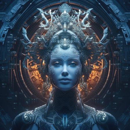 Conceptual artwork representing the idea of artificial intelligence with a female robot and an android face in a portrait. Generative AI.の素材
