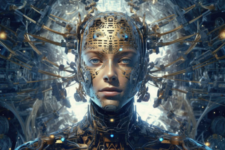 Artificial intelligence representation: Female robot with an android face in a portrait. Generative AI.の素材