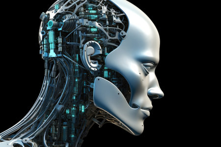 Conceptual representation of a male robot with an android-like face, illustrating the concept of artificial intelligence on black background. Generative AI.の素材