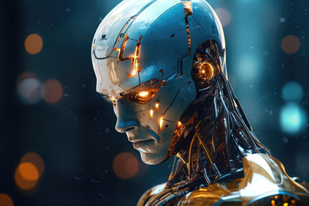 A portrait capturing the concept of artificial intelligence with a male robot featuring an android face. Generative AI.の素材