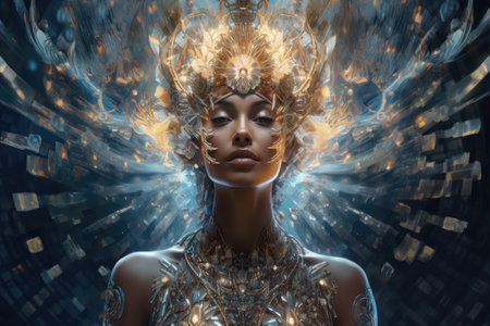 Conceptual depiction of artificial intelligence through the portrayal of a female robot with an android face in a portrait. Generative AI.の素材