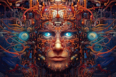 Conceptual artwork showcasing the intersection of artificial intelligence and robotics with a portrait of a man robot and an android face. Generative AI.の素材