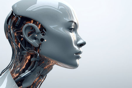 Portrait showcasing the concept of artificial intelligence through a female robot with an android face on the white background. Generative AI.の素材