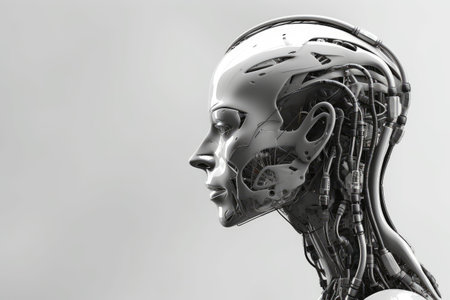 A depiction of artificial intelligence in a portrait, featuring a female robot with an android-like face on the white background. Generative AI.の素材