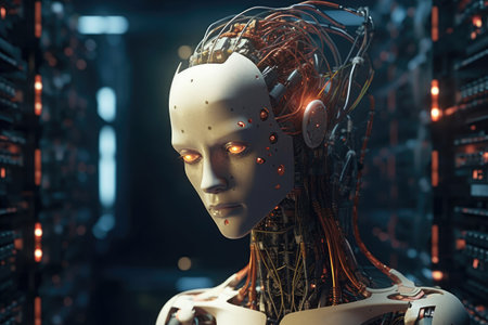 Exploring the concept of artificial intelligence through the portrayal of a female robot with an android-like face. Generative AI.の素材