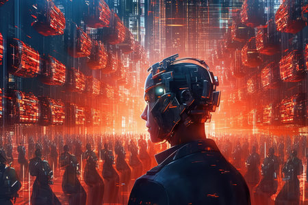 Conceptual artwork representing the idea of artificial intelligence with a male robot and an android face in a portrait. Generative AI.の素材