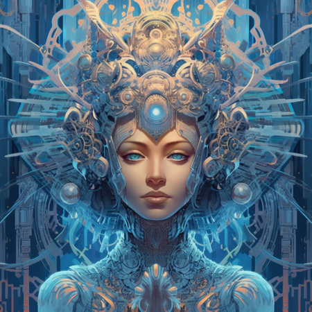 Exploring the artificial intelligence concept through the portrayal of a female android face in a portrait. Generative AI.の素材