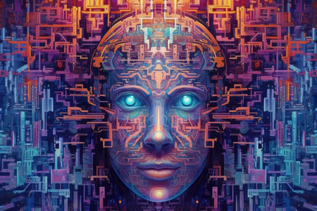 Artistic representation of a male android face, symbolizing the concept of artificial intelligence in a portraitの素材