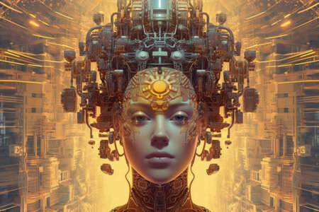 Conceptual illustration of artificial intelligence through the depiction of a female robot with an android face. Generative AI.の素材