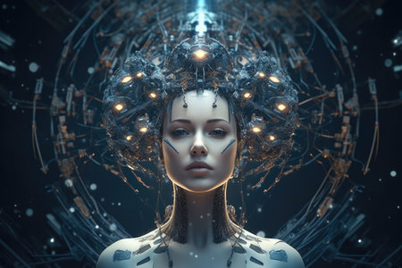 Artistic portrayal of a female android face, symbolizing the concept of artificial intelligence in a portrait. Generative AI.の素材