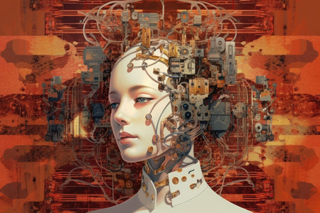 Visual illustration of the artificial intelligence concept with a portrait of a female robot and an android face. Generative AI.の素材