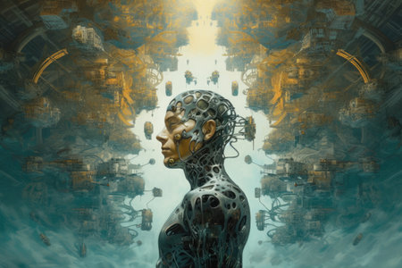 The representation of the artificial intelligence concept in a portrait, featuring a male robot with an android-like face. Generative AI.の素材