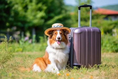 A collie dog sitting near a travel suitcase. Travel concept with dog. Generative AI.の素材