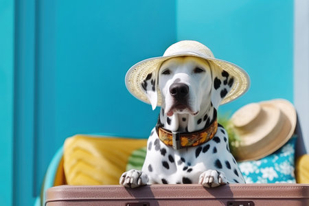 A Dalmatian man in a hat and glasses sits in a suitcase on a blue background. Pet transportation concept. Generative AI.の素材