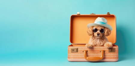 Poodle dog sitting in a suitcase against a blue background. copyspace. Generative AI.の素材