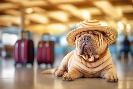 Shar Pei in a hat lying at the airport. travel concept. Generative AI.の素材