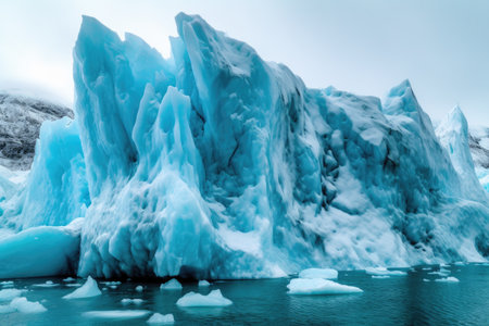 The dissolving of an icy pinnacle within the marine environment, emblematic of the ecological ramifications associated with the Earth's warming climate. Generative AI.の素材