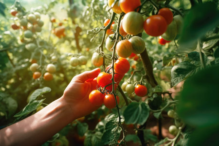A hand touches a sprig of tomatoes. Generative AI.の素材