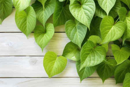 Green leaves on a wooden background. Room for text, copy, lettering. Generative AI.の素材