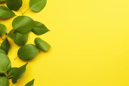 green leaves on a yellow background. copyspace. Generative AI.の素材