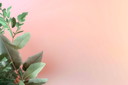 Green leaves on a pink background. Room for text, copy, lettering. Generative AI.の素材