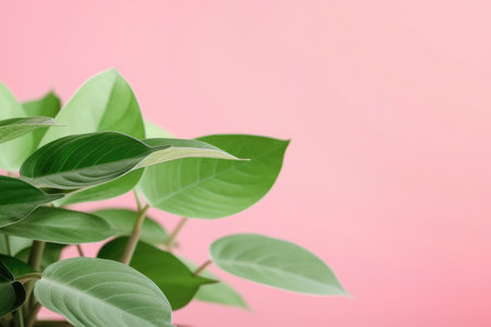 Green leaves on a pink background. Space for text. Generative AI.の素材