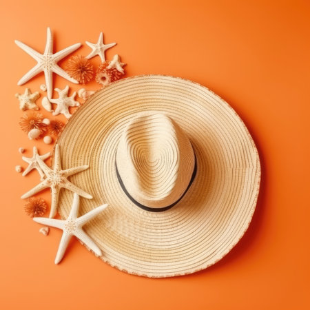 Summer accessories on orange background. Generative AI.の素材