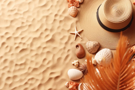 Summer accessories hat, shells, starfish in the sand. Flatly, copyspace. Generative AI.の素材