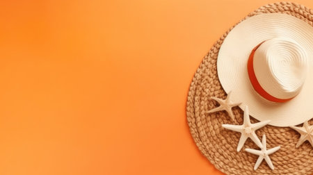 Summer accessories hat, starfish on orange background. Space for text. Generative AI.の素材