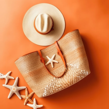 Summer accessories hat, bag, starfish on orange background. Generative AI.の素材