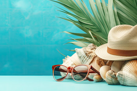 Summer accessories on a blue background. The concept of summer holidays. Generative AI.の素材