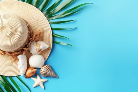 Summer accessories on a blue background. top view. Generative AI.の素材