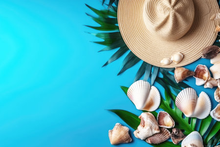 Summer accessories on a blue background. flatly. Generative AI.の素材