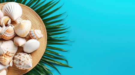 Summer accessories on a blue background. The concept of summer holidays. copyspace. Generative AI.の素材