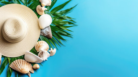 Summer accessories hat, shells, palm leaves on a blue background. Space for text. Generative AI.の素材