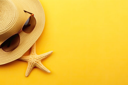 Summer accessories on a yellow background. Space for text. Generative AI.の素材