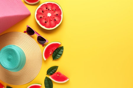 Straw hat, glasses, watermelon on a yellow background. copyspace. Generative AI.の素材