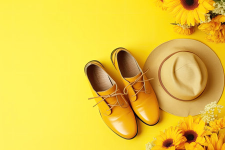 Summer accessories hat, sunflowers and boots on a yellow background. Space for text. Generative AI.の素材