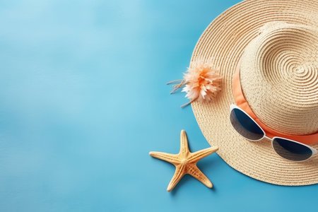 Travel accessories on a blue background. copyspace. Generative AI.の素材