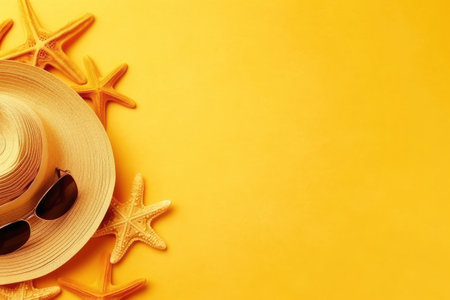Straw hat, sunglasses, starfish on yellow background. copyspace. Generative AI.の素材