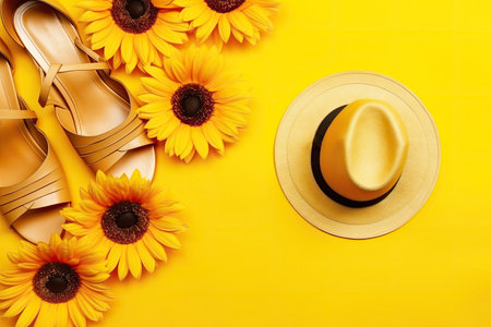 Straw hat and clock on a yellow background. The concept of summer holidays. Generative AI.の素材