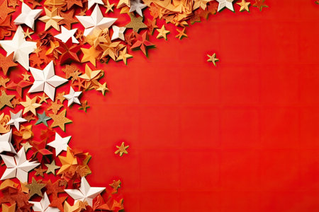Christmas decorations on a red background. Space for text. Generative AI.の素材